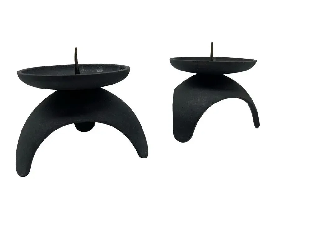 Vintage Mid Century Heavy Black Cast Iron Tripod Candle Holders Set of 2